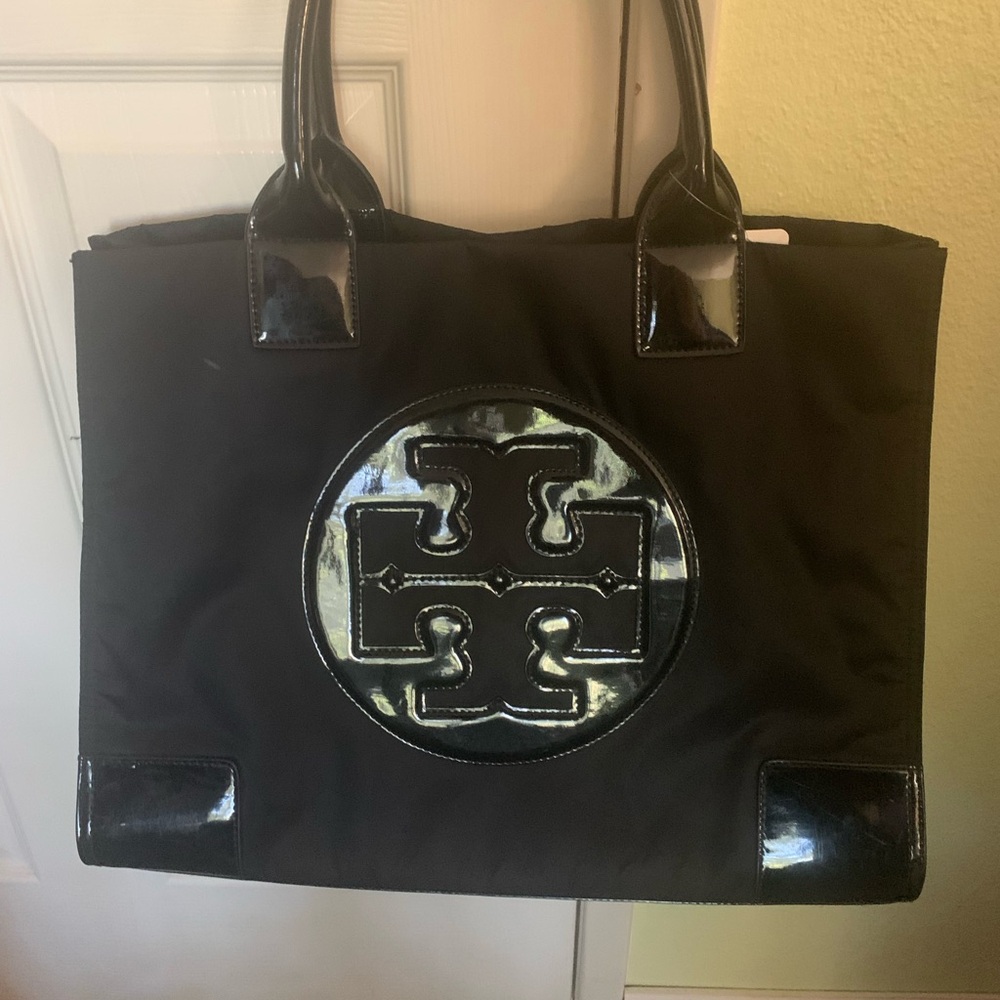 Tory Burch Black Nylon Tote with Patent Logo Trim